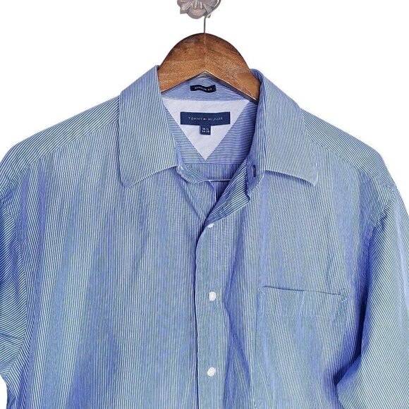 Tommy Hilfiger pinstripe regular fit button blue and white button shirt - Picture 2 of 8